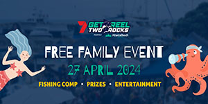 Cartoon mermaid and octopus with boats in background, text on image reads free family event 27 April 2024, fishing comp, prizes, entertainment. 