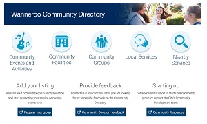 Screenshot of the community directory home page with five categories including community events and activities, community facilities, community groups, local services and nearby services.