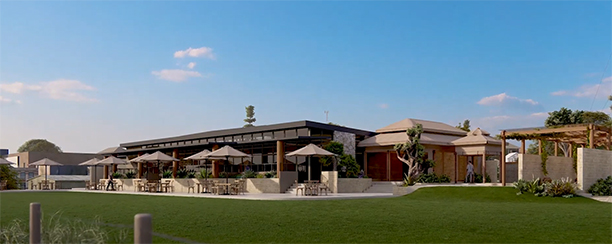 A concept image of the Dunes Beach Resort showing a large grassed area and hospitality building