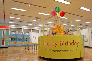 Big Ted above a Happy Birthday sign to celebrate Play School's 50th birthday.