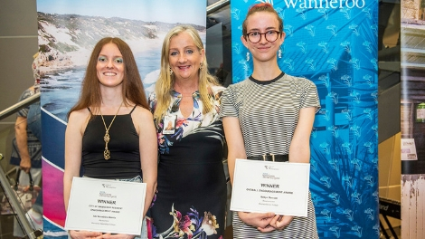 A picture of City of Wanneroo Mayor Tracey Roberts with Northern Perspectives 2019 award
winners Abi Venables-Morris (Wanneroo Secondary College) and Robyn Bennett (Mindarie Senior
College) at the opening night of the exhibition.