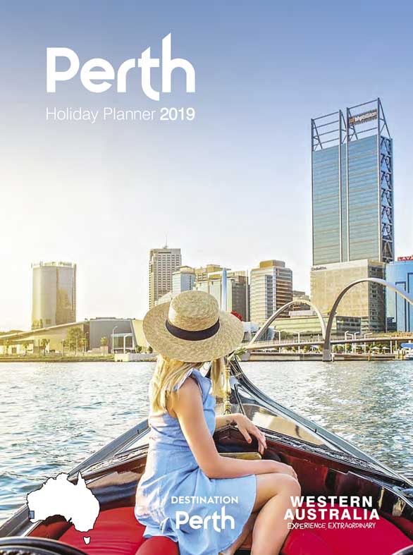 Woman on boat in front of Perth city