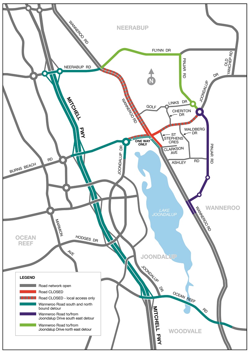 Map of Wanneroo Road and Joondalup Drive intersection closure.
