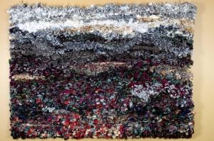 Dry Lake Bed (Lake Joondalup), Wanneroo Rugmakers (Initial photo by Lyn Franke). Acquired in 2012, Handmade from recycled fabric on hessian
