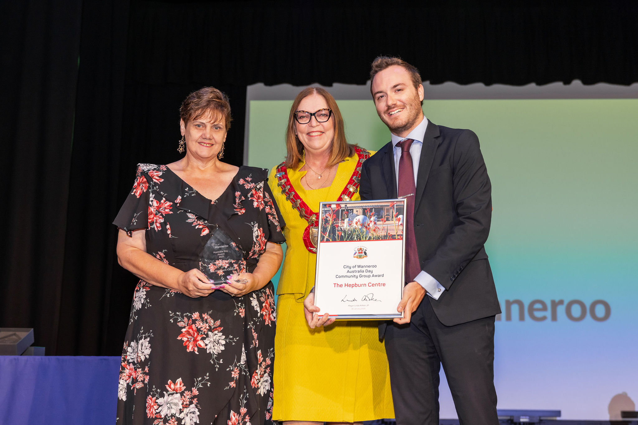 Mayor, Deputy Mayor James Rowe and the Hepburn Centre with an Australia Day Award.