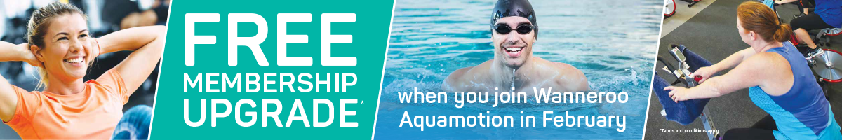 Aquamotion promotion banner with images of swimming and exercise