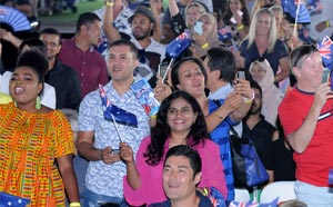 Crowds celebrating becoming Australian citizens.