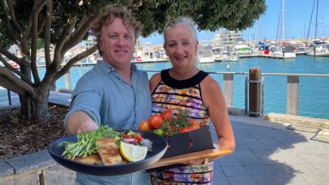 Wanneroo Mayor Tracey Roberts with Good Chef Bad Chef host Adrian Richardson at The Marina Mindarie.