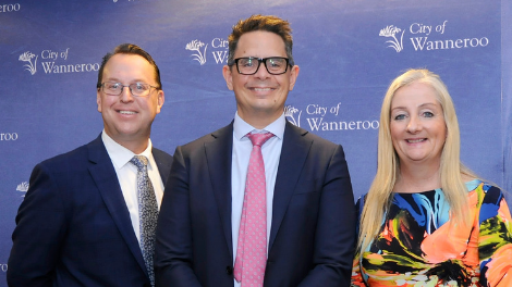 WA Treasurer Ben Wyatt MLA (centre) with City of Wanneroo Chief Executive Officer Daniel Simms and Mayor Tracey Roberts.