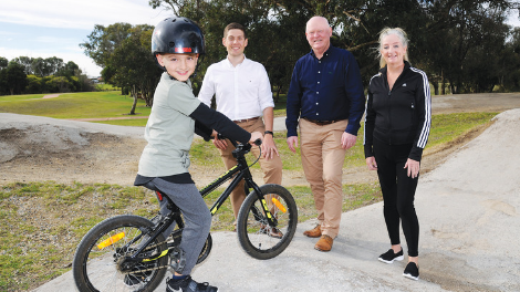City of Wanneroo Crs Domenic Zappa and Brett Treby with Mayor Tracey Roberts and Landsdale Primary student Bryson Litchfield at Warradale Park.