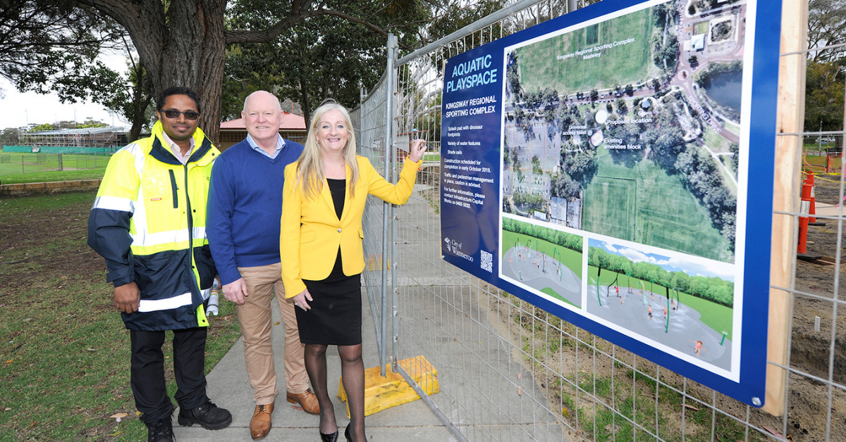 Mayor Tracey Roberts visits the construction site of the aquatic play space at Kingsway Regional Sporting Complex, with Project Manager Rizwan Check and South Ward councillor Brett Treby.