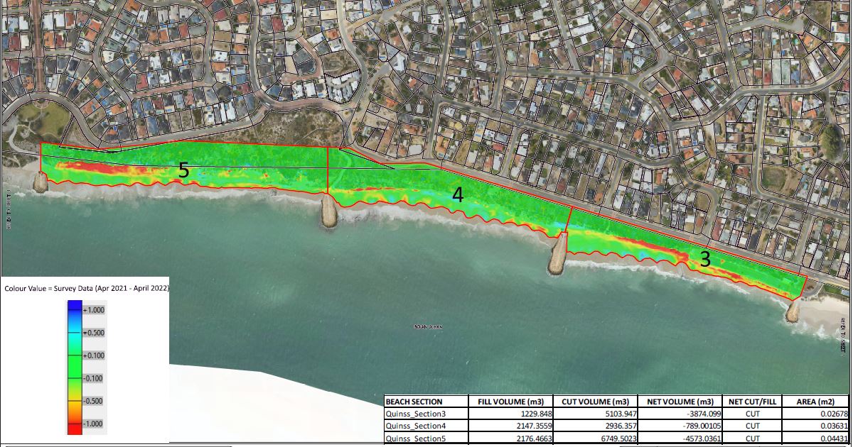 Elevation Difference Plot Results for Quinns between April 2022 and April 2021