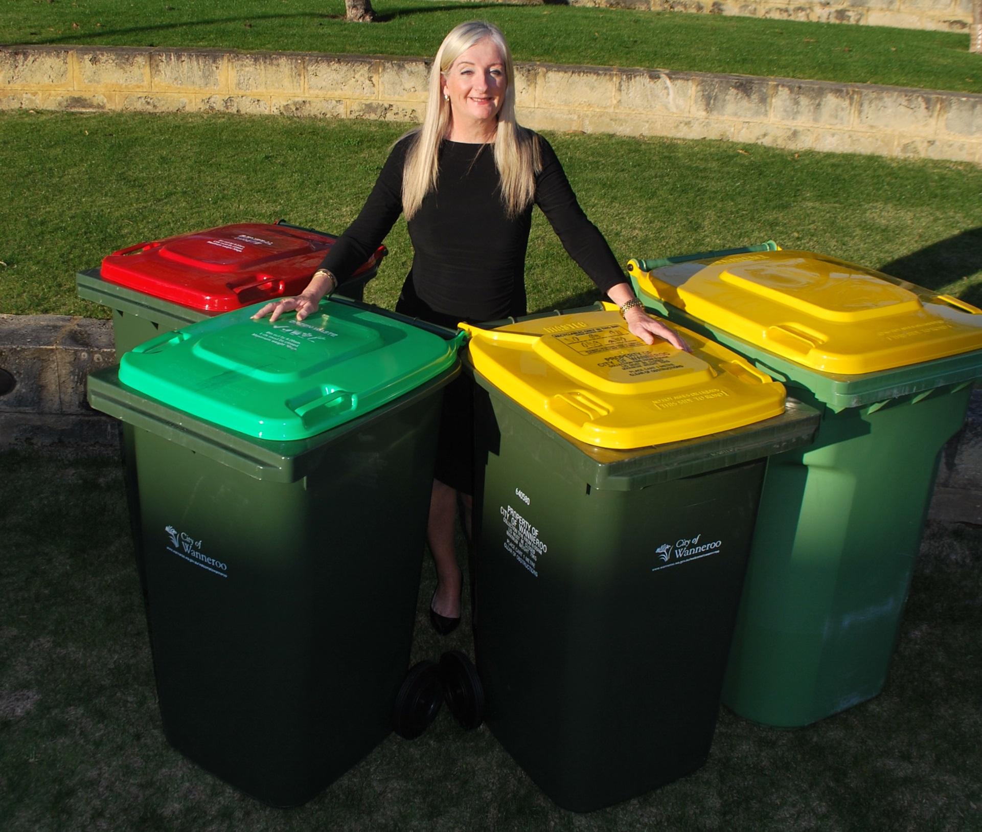 Three bins and 360L recycling bin Mayor Roberts