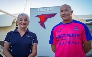 Wanneroo Mayor Tracey Roberts and West Perth Football Club Coach Geoff Valentine standing out the front of the club's home ground, HBF Arena.