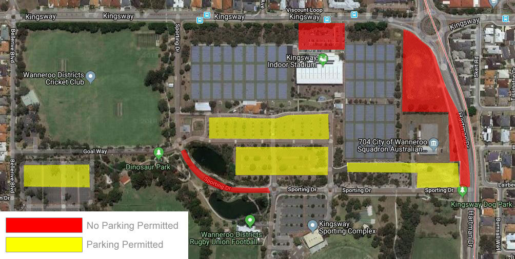 Map of parking for netball at Kingsway. 