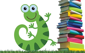 Cartoon lizard with books