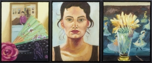 Self Portrait with Green Fan, Melissa McDougall. Acquired 2001, Oil on Board (Triptych)