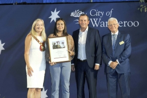 Mayor Tracey Roberts, Charles Searson Australia Day Youth Award recipient Jayda Feifar, WA Premier Mark McGowan, Deputy Mayor Frank Cvitan at Australia Day Citizenship Ceremony, Wanneroo Showgrounds 2020